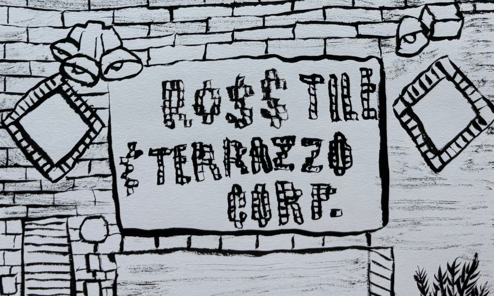 This time it’s a sumi ink drawing of a brick building with inlaid diamond shapes