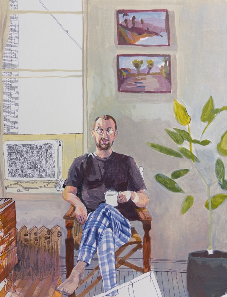 A painting that’s also a drawing of me sitting in my apartment with a mug and a tree