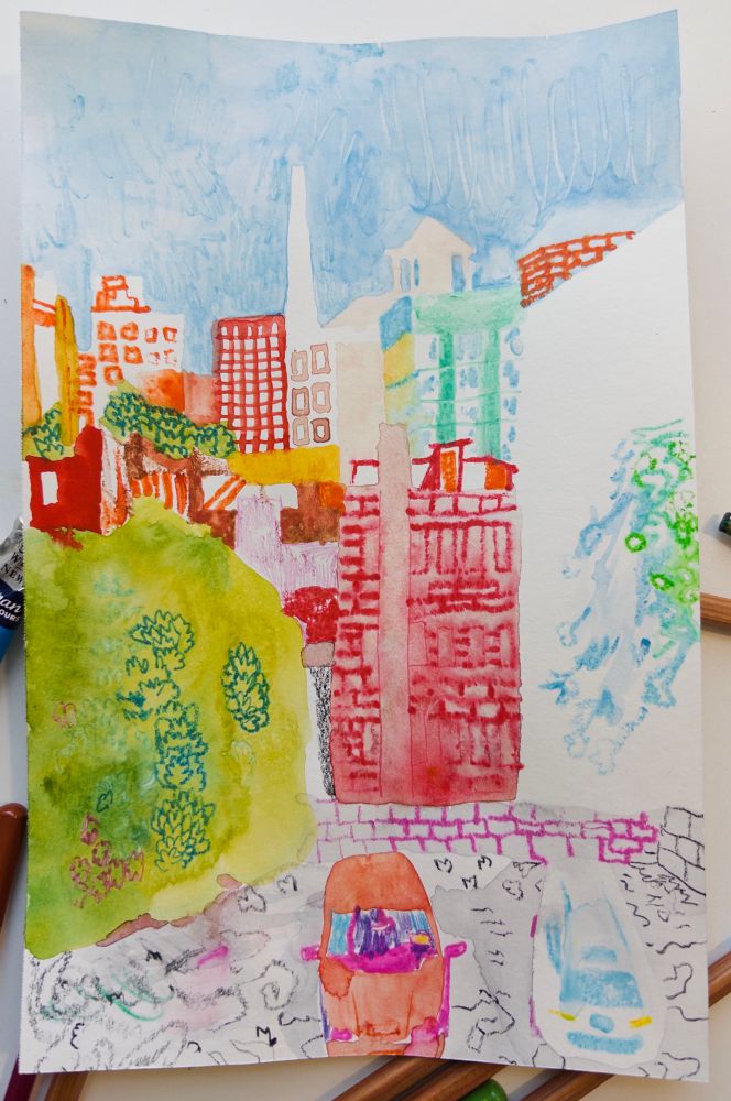 A colorful watercolor + watercolor pencil + charcoal pencil drawing of cityscape of buildings and parked cars from a window type view