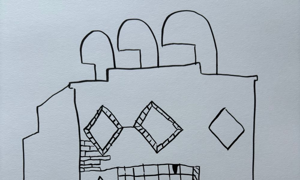 Another sumi ink drawing of a brick building with inlaid diamond shapes