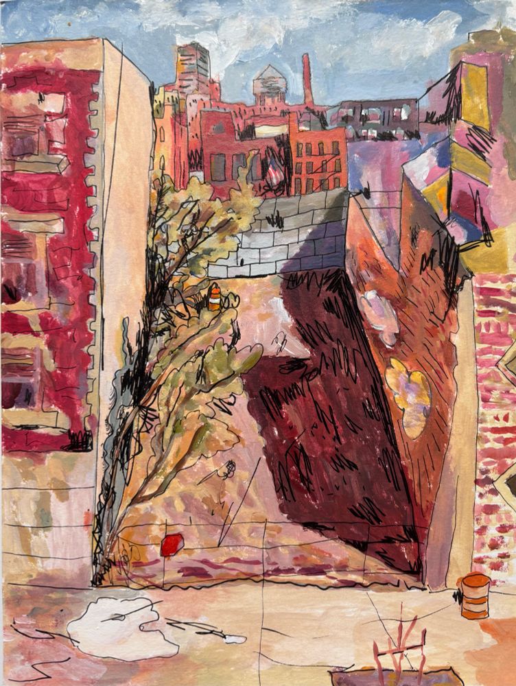 An an acrylic and ink painting/drawing of an empty city lot in the early spring 
