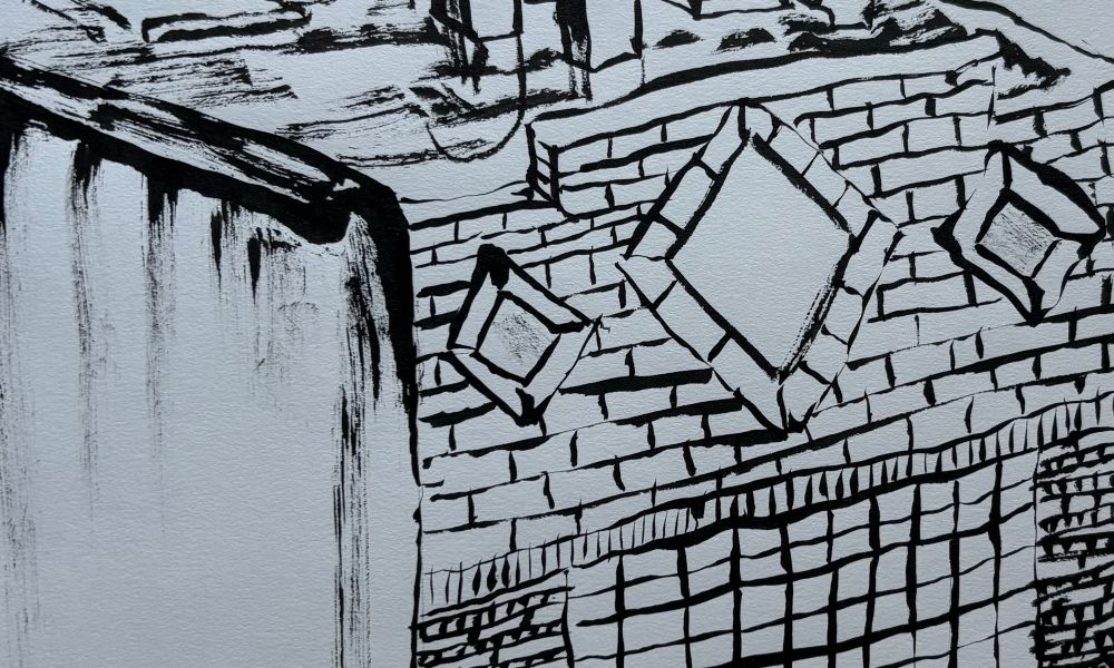 Sumi ink drawing of a brick building with inlaid diamond shapes