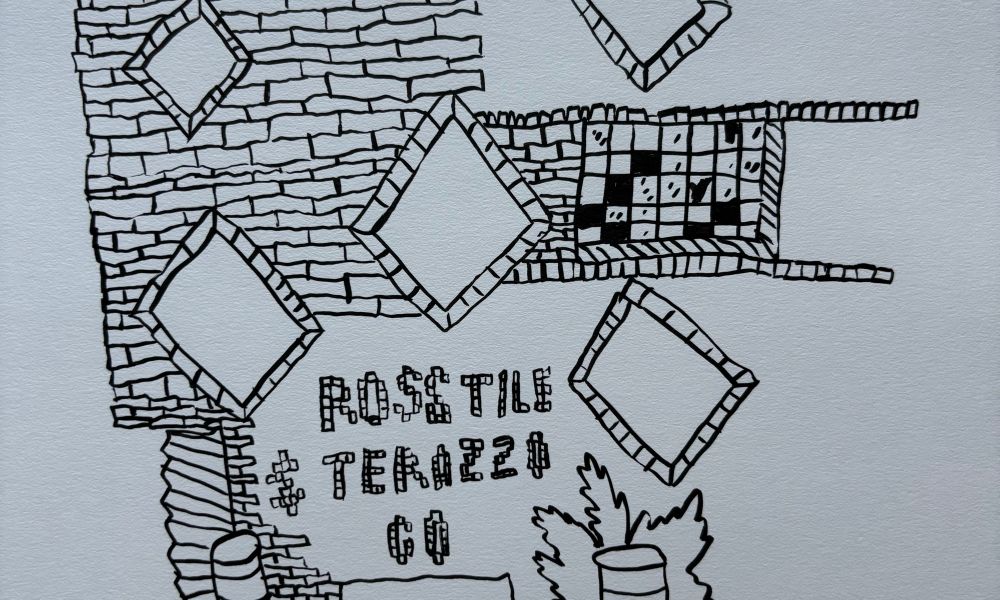 Different sumi ink drawing of a brick building with inlaid diamond shapes