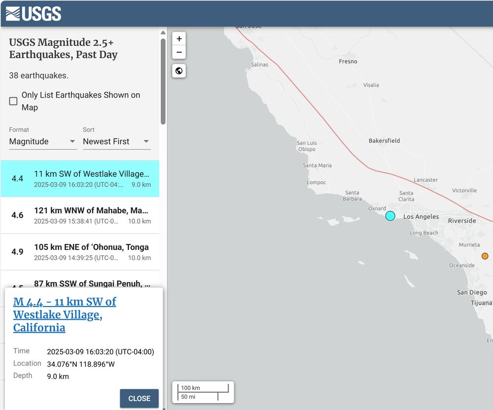 M 4.4 - 11 km SW of Westlake Village, California
Time: 2025-03-09 16:03:20 (UTC-04:00)
Location: 34.076°N 118.896°W
Depth: 9.0 km