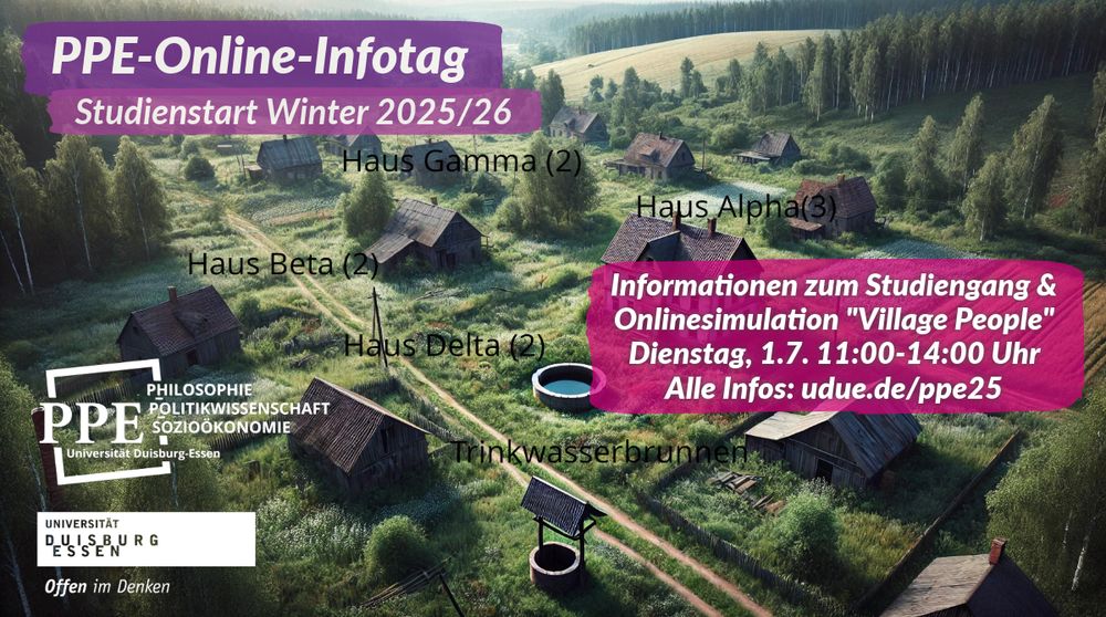 Sharepicture zum PPE-Online-Infotag am 1.7. 11:00-14:00 Uhr. Das Hintergrundbild zeigt ein virtuelles Dorf der Online-Simulation "Village People". Alle Informationen unter udue.de/ppe25