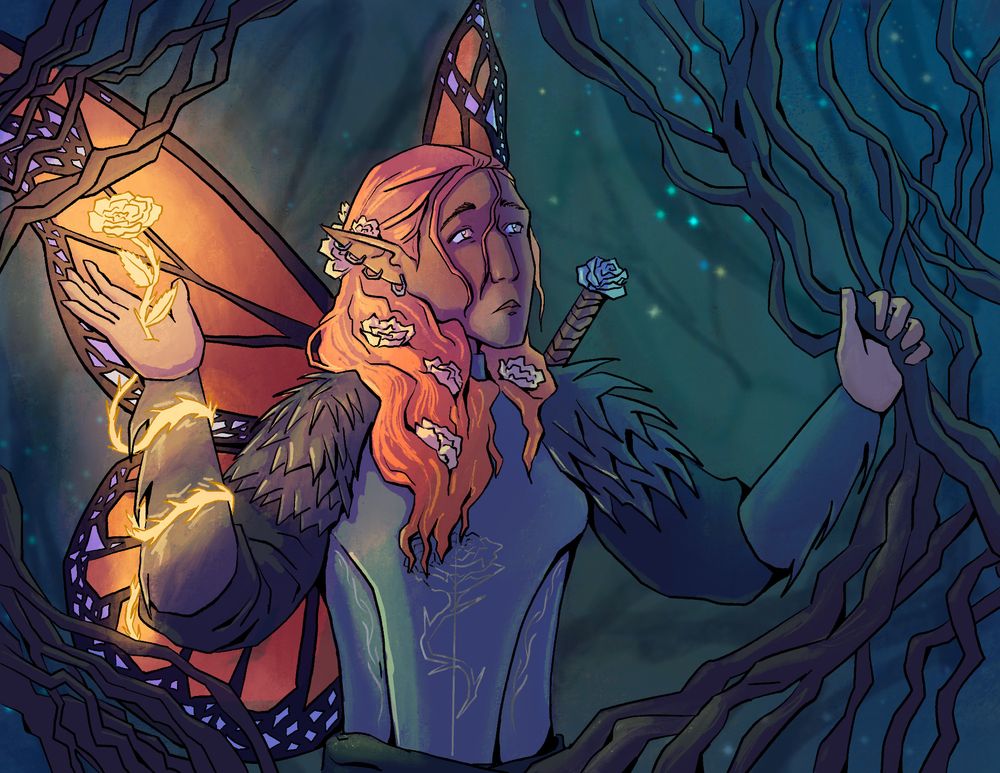 A fairy knight wades through the vines of a dark forest. They wear plate armor engraved with a rose and have roses in their hair, as well as a golden glowing rose growing through their hand, which illuminates the way.