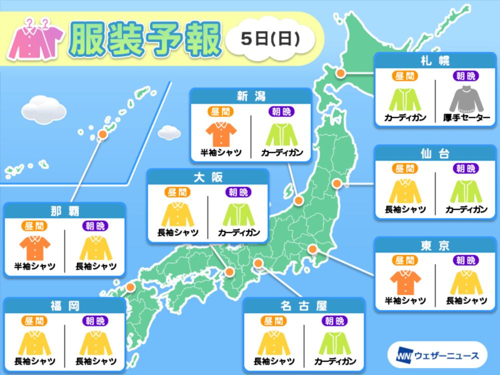 5月5日(日)　各地の気温変化と最適な服装