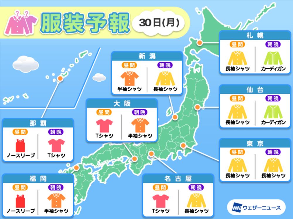 9月30日(月)　各地の気温変化と最適な服装