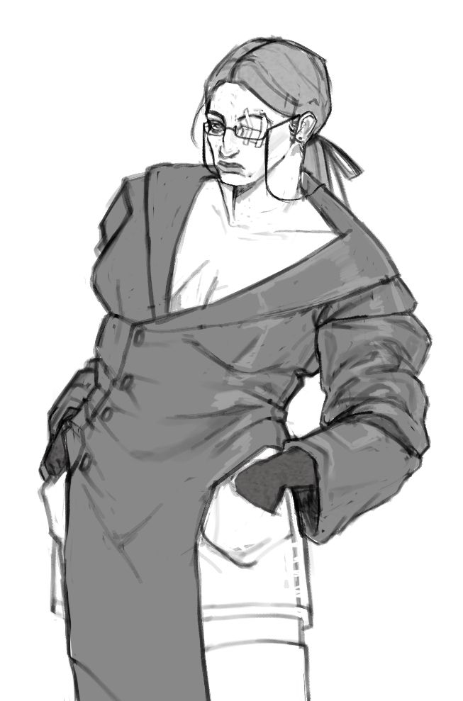 A digital sketch in black and white. A woman is leaning back slightly with her hands in her shorts pockets. She has a mole below her left side of the mouth. She has a long hair tied into a low ponytail. She's wearing slim glasses, with her left eye being covered by a gauze patch. She's wearing a loose coat with a low neckline, shorts and thigh high boots. Her hands are blackened.