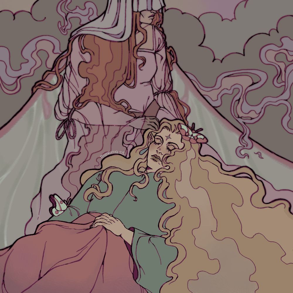 A digital illustration. A young man with a pale skin, a star shaped mark on his forehead and a long, blonde hair, dressed in a green robe is laying under a pink blanket on the lap of a woman with a veil covering her face. She has a long, rust brown hair that is let loose. She has big, green and pink moth wings. Two small moths are resting on the sleeping man. Behind the two there are clouds of smoke.