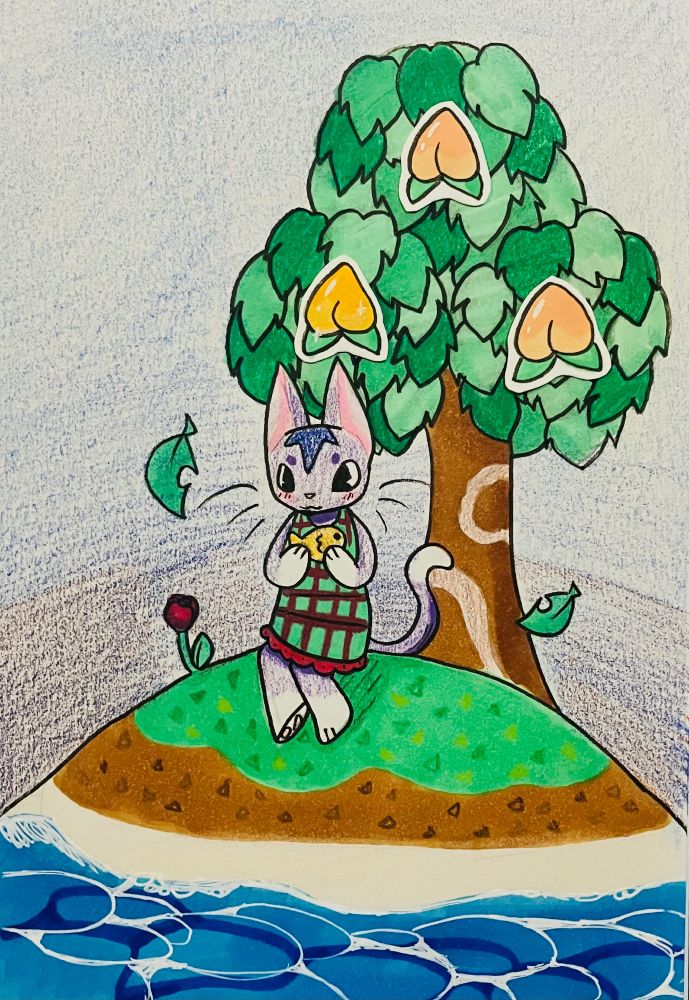 Animal crossing character "Rosie" sitting on an island holding an orange fish with a rose next to her and a peach tree with a perfect peach behind her.