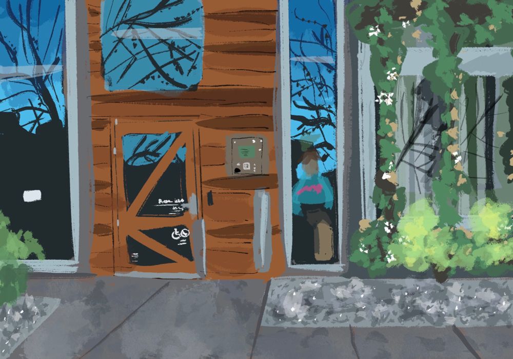 Plein air digital drawing of me looking into a mirrored apartment window. The apartment is made of orange wood and plants spill over the side of the walls onto a rocky floor.