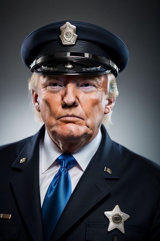 Image of Donald Trump cosplaying as a Law Enforcement Officer. Cop hat on his head and a badge pinned to his suit jacket. 