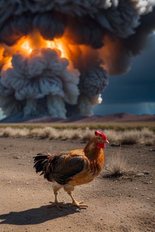 Image of a chicken standing in the desert with a nuclear bomb explosion in the background.