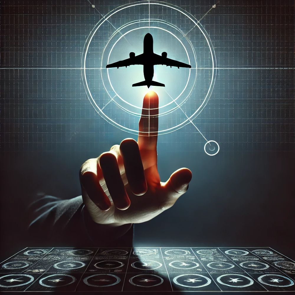 Image of a control panel and a computer screen. A hand is touching an airplane. 