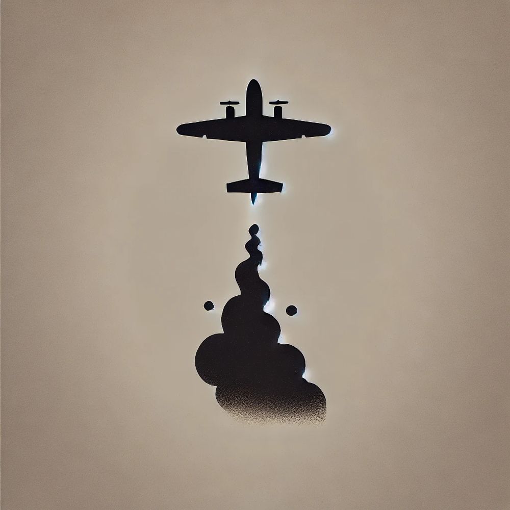 Minimalist silhouette of an airplane with smoke trailing from the tail. 