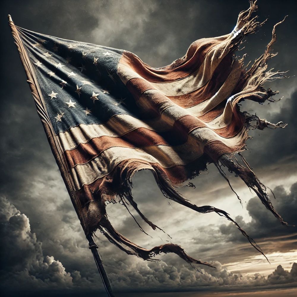 Image depicting a stormy sky, light far off in the distance, and a tattered American flag on a flag pole. 