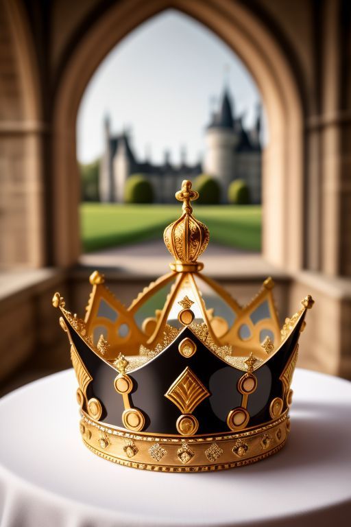 The image depicts a golden crown placed on a table with a courtyard and a castle in the background. 