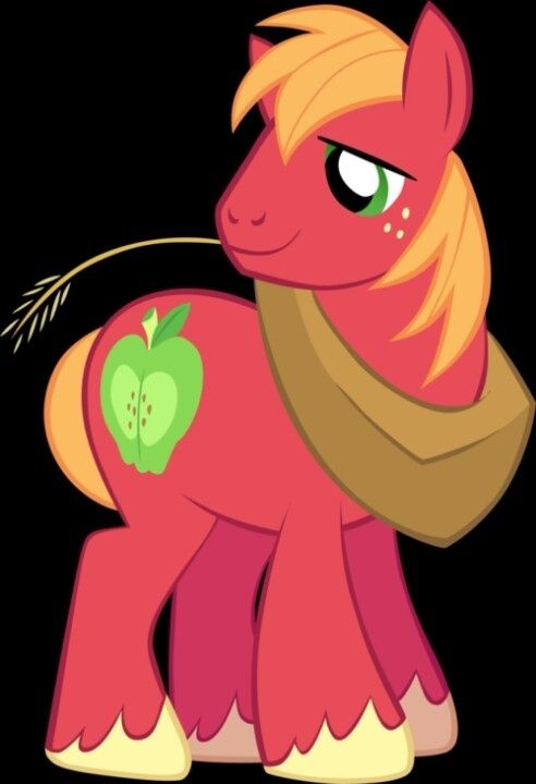 A red, cartoon stallion with a yellow mane and tail, chewing a piece of hay. He has a large green apple insignia on his haunch, and wears a horse yoke collar.

His name is Big McIntosh, a character from My Little Pony: Friendship is magic. 