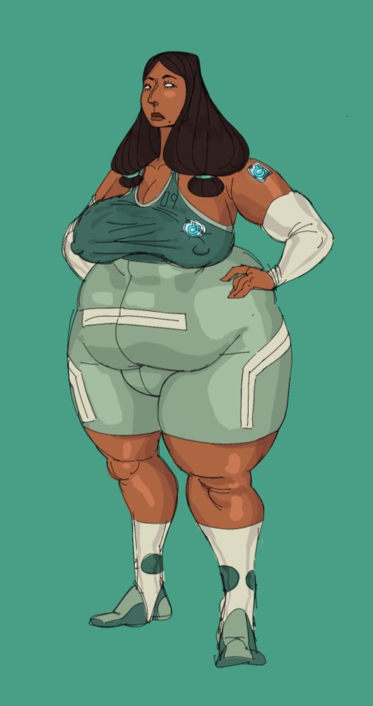 A plus-sized Indian woman in a green sci-fi-themed tight suit. She's a chubby mom.