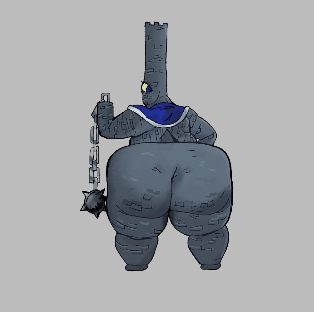 A fat, castle-like woman wearing a shawl and has a ball and chain for a left hand. 
