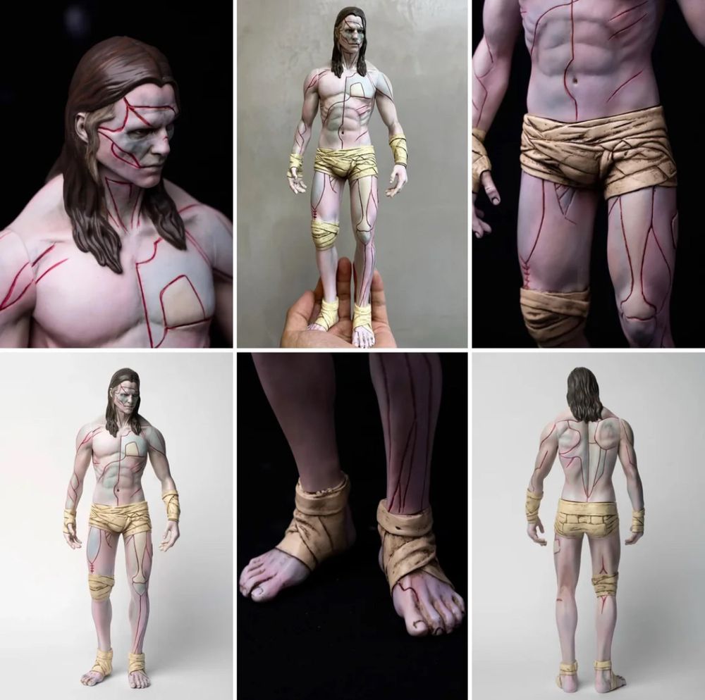 Several angles of Guillermo Del Toro’s creature from Frankenstein as a vinyl figures. In the likeness of Jacob Elordi, it isn’t the stitched together cadaver of previous incarnations. It’s made of disparate flesh but eerily beautiful almost porcelain yet corrupted. This one has long flowing hair and is actually hot creature. 