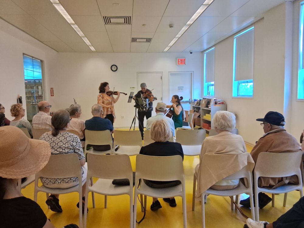Trio Fadolín performing at the Kew Gardens Hills branch of the Queens Public Library. The foreground of the photo has an audience and the musicians are at the background. The floor is bright yellow and the walls are white. It's a sunny day. 