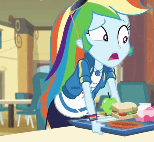 rainbow dash from my little pony equestria girls is standing next to a tray of food