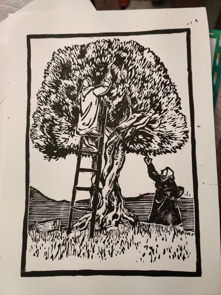 A block print of two women harvesting olives from a central olive tree.