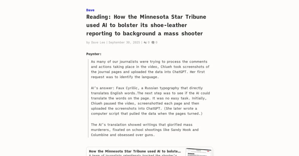 Reading: How the Minnesota Star Tribune used AI to bolster its shoe-leather reporting to background a mass shooter