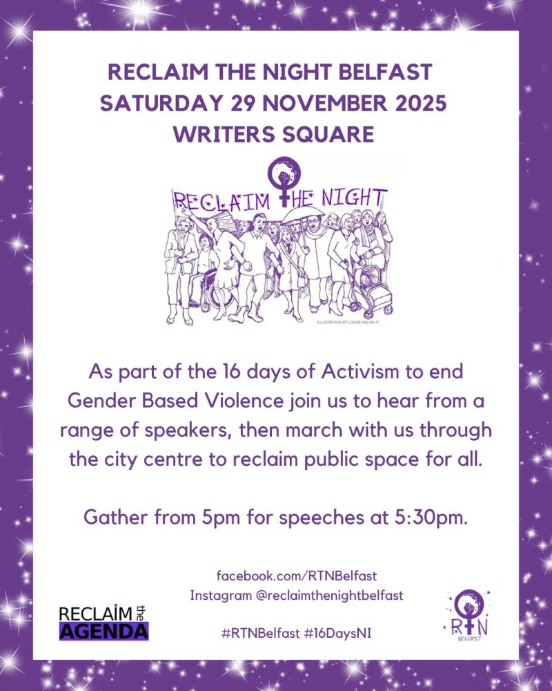As part of the 16 days of Activism to end Gender Based Violence join us to hear from a  range of speakers, then march with us through the city centre to reclaim public space for all.
On Saturday 29 November 2025 join us in Writers Square, gather from 5pm for speeches at 5:30pm.
