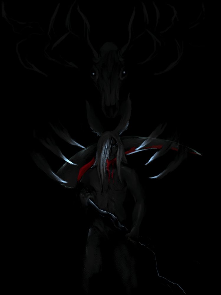 An illustration of a Viera man on a black background. His silhouette is barely visible. He is nude and holding a bloody scythe. Blood streams from his throat. In the background, a monstrous form of a deer skull hovers over him, extending sharp claws over the man. The only illumination comes from the ghostly light of the monster's eyes and the points of the creature's claws.