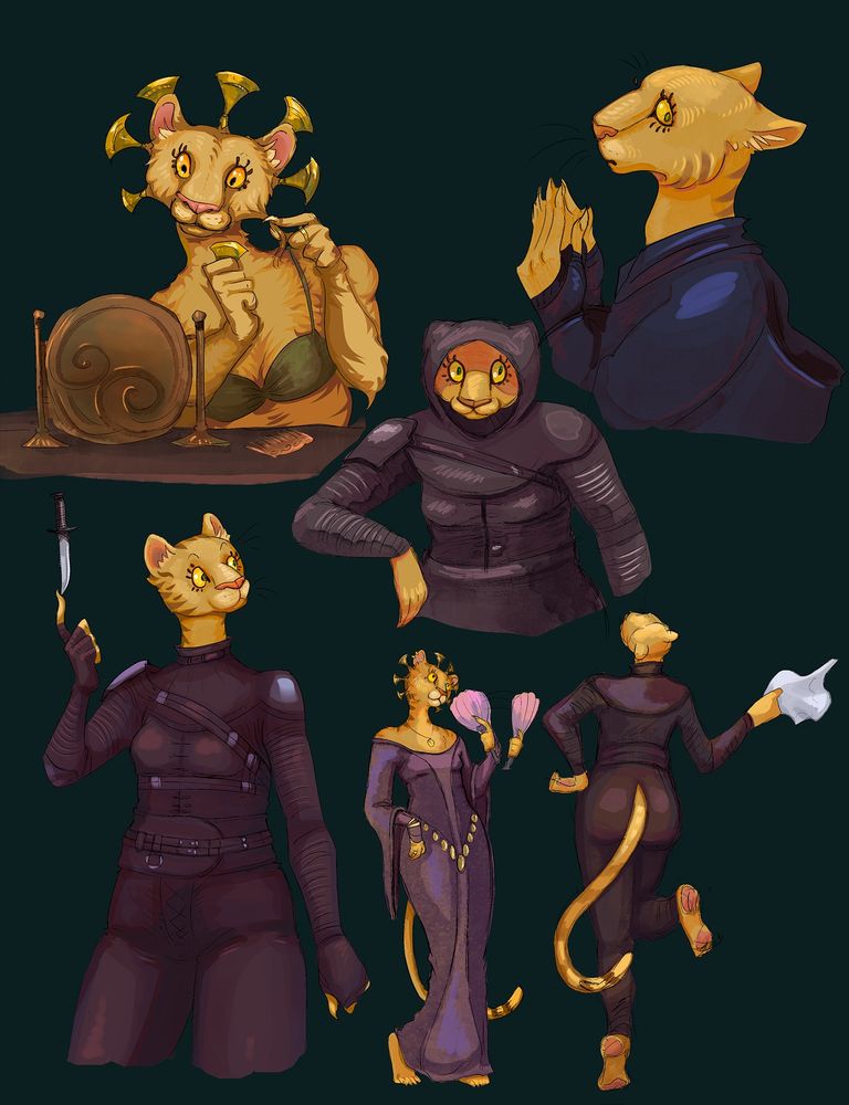 Several images of a same khajiit woman from previous post in various poses and activities. First is adjusting her hairdo while looking in a mirror. Second holding her hands together and looking to the side. Third is her in a sitting pose, dressed in a leather armor with a hood. Forth is her in armor balancing a knife on her finger. Next to it two fullbody images, one of her in a dress with a fan in her hand and the other is her from the back, dancing and waving a handkerchief