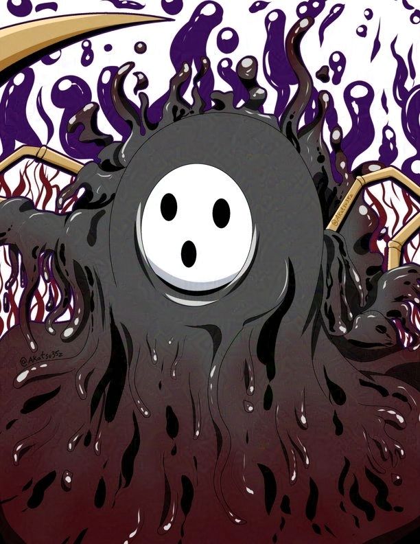 Arakune
A goop blob with bone tentacles popping out on a purple goop slime background, face looks like a bowling ball. 
My favorite piece that I drew that I keep on using it over and over again 