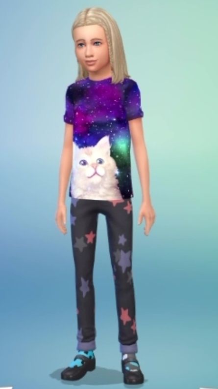 Blonde female child Sim wearing cat shirt and star pants.