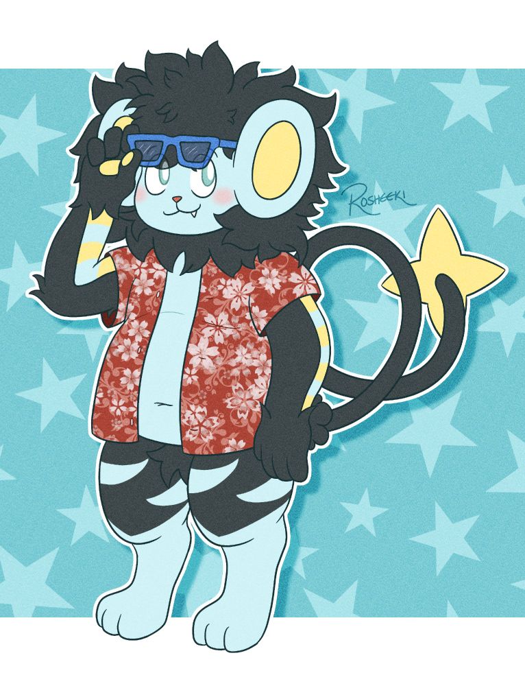 Digital illustration of a Luxray character, standing on two legs and wearing simply an unbuttoned aloha shirt with nothing underneath. He's looking to his left with a casual smile on his face, while also using his right hand to lift up a pair of sunglasses from hie eyes.