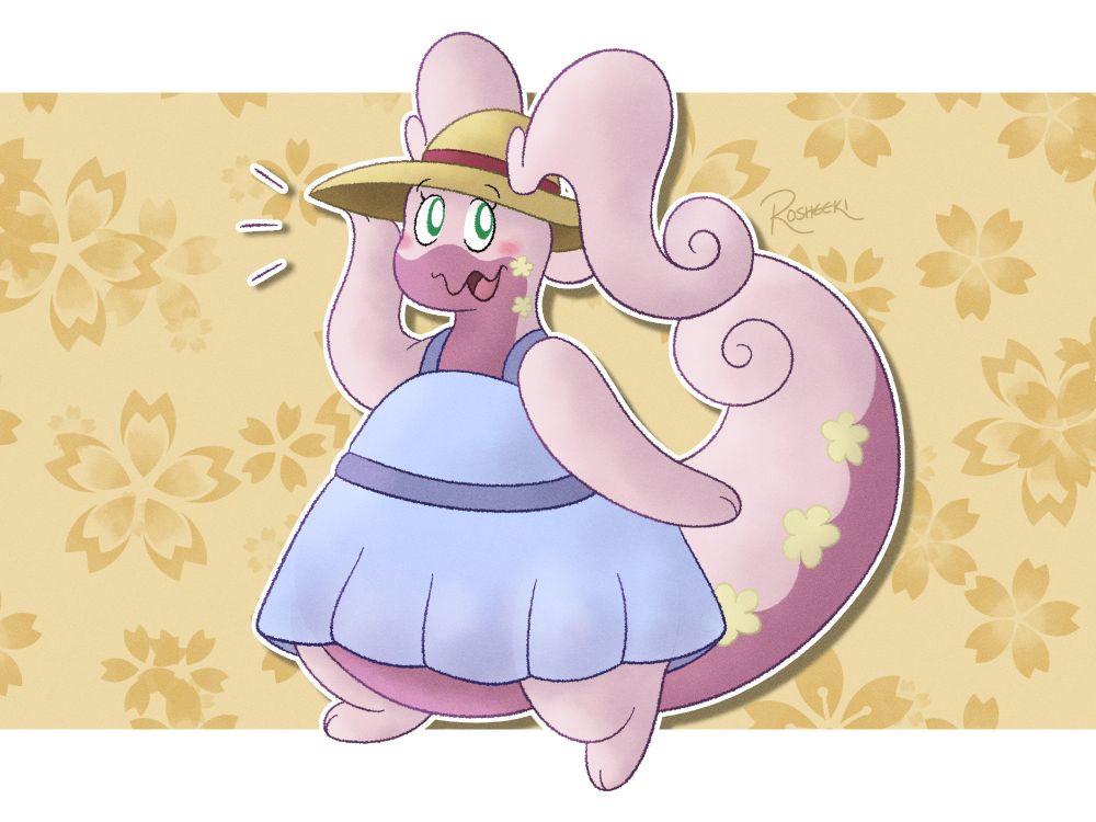 Digital illustration of a Goodra character (with pinker skin rather than the purplish a normal Goodra would have, and flower-shaped spots on her tail and neck rather than oval-shaped), wearing a light-blue sundress and a tan sunhat with a red band. She is looking at the viewer with a bright smile on her face, while holding her right hand up to her hat.