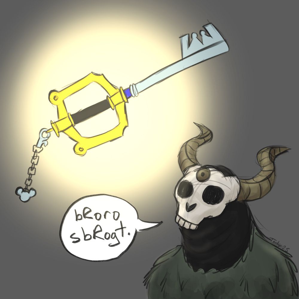 A colored sketch of Ogforog Mog looking up at a Keyblade from Kingdom Hearts. The Keyblade is in the top left of the canvas and is surrounded by a bright light. Ogforog is in the bottom right. They have a head that looks like a human skull with the bottom jaw removed, twisting horns from the top, and an eyeball in the center of the forehead. The neck is black and extends down to the torso which is covered in a shaggy desaturated green fur, kind of like a ghillie suit. A speech bubble from Og says "bRoro sbRogt." (Which, according to Roach's font guide if I followed it correctly, should translate to English as "holy shit")