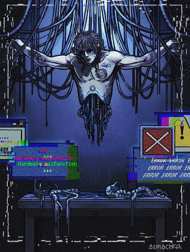 Android Eddie Munson strung up on the wall in a crucifixion fashion, wires string along the ceiling and spill from his bisected body, error messages spill in on the sides and are glitched out, a table below him has organ like parts spilling blue blood
