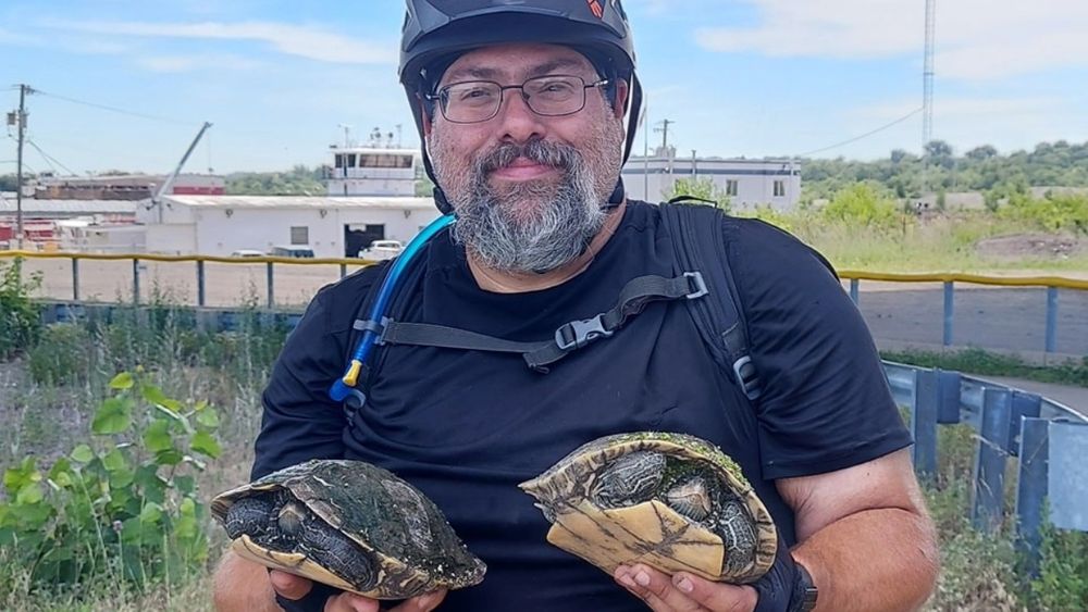 A man with glasses holding two turtles.