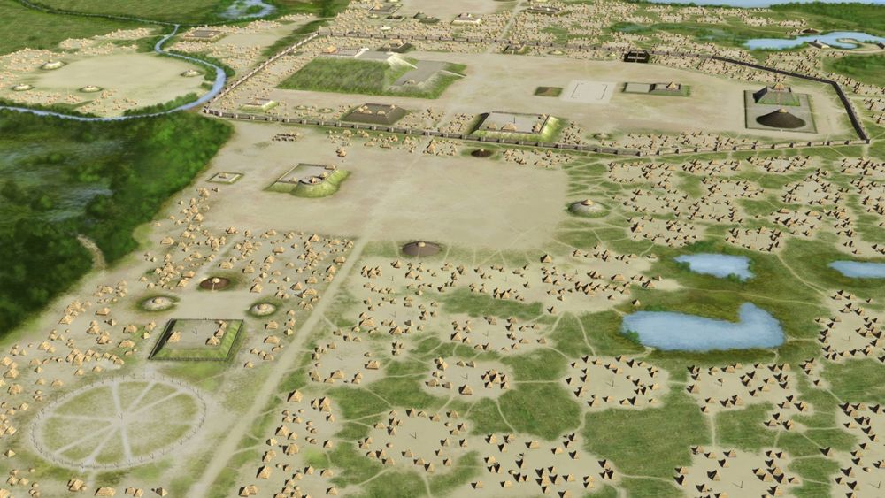An illustration of an aerial view of the city of Cahokia depicting buildings, temples, mounds, and communal spaces.
