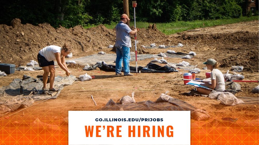 Three individuals at an archaeological excavation site, with text overlaying that says, "We're hiring."