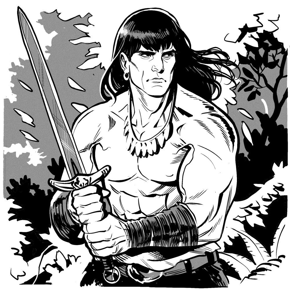 A black and white doodle of Conan in the jungle holding a sword.