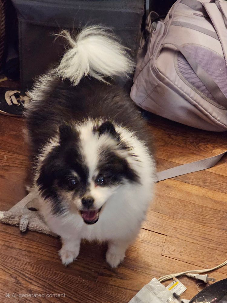 A photo of a very fluffy black and white Pomeranian with tan eyebrows standing on a hardwood for and smiling at the camera