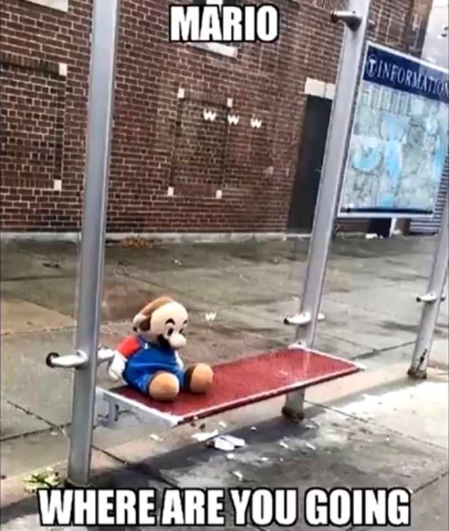 uma pelúcia do super mario só que calvo, sem chapéu, pegando um ponto de ônibus, com as legendas "mario, aonde você está indo?" escritas em inglês