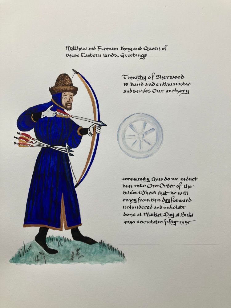 Medieval archer in blue on grass with bow and arrows.  Words bestowing a Silver Wheel, and symbol of the Silver wheel.