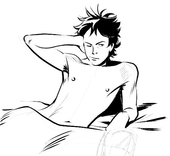 sid vicious laying topless in a bed with bed hair wakey wakey 