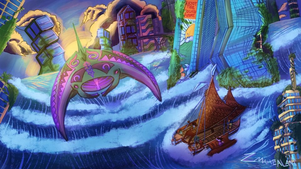  A group of teenagers on a Polynesian canoe sails through a submerged city scape, trying to dodge a giant manta ray with glowing sigils from leaping and attacking them.