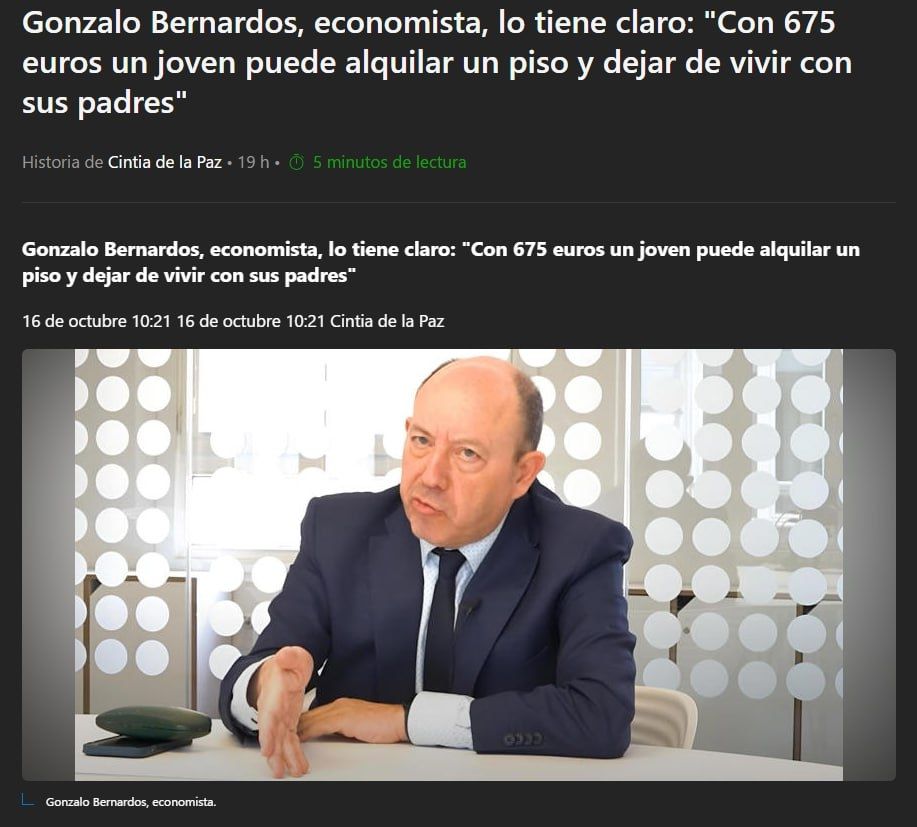 Titular de MSN
Gonzalo Bernardos, economista, lo tiene claro: "Con 675 euros un joven puede alquilar un piso y dejar de vivir con sus padres"