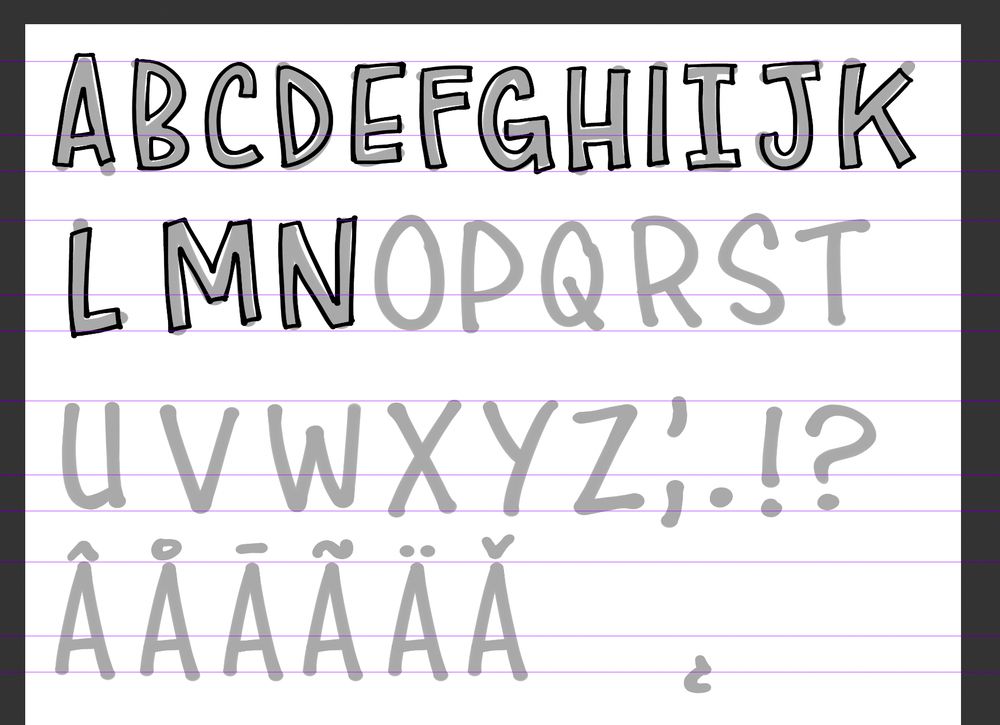 the previous image of the uppercase alphabet characters, where the previous letters are all light gray and A-N are now outlined in black block letters 